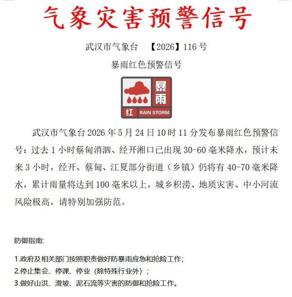 刚刚，武汉市气象台发布暴雨红色预警！