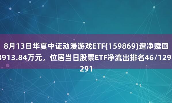 8月13日华夏中证动漫游戏ETF(159869)遭净赎回8913.84万元，位居当日股票ETF净流出排名46/1291